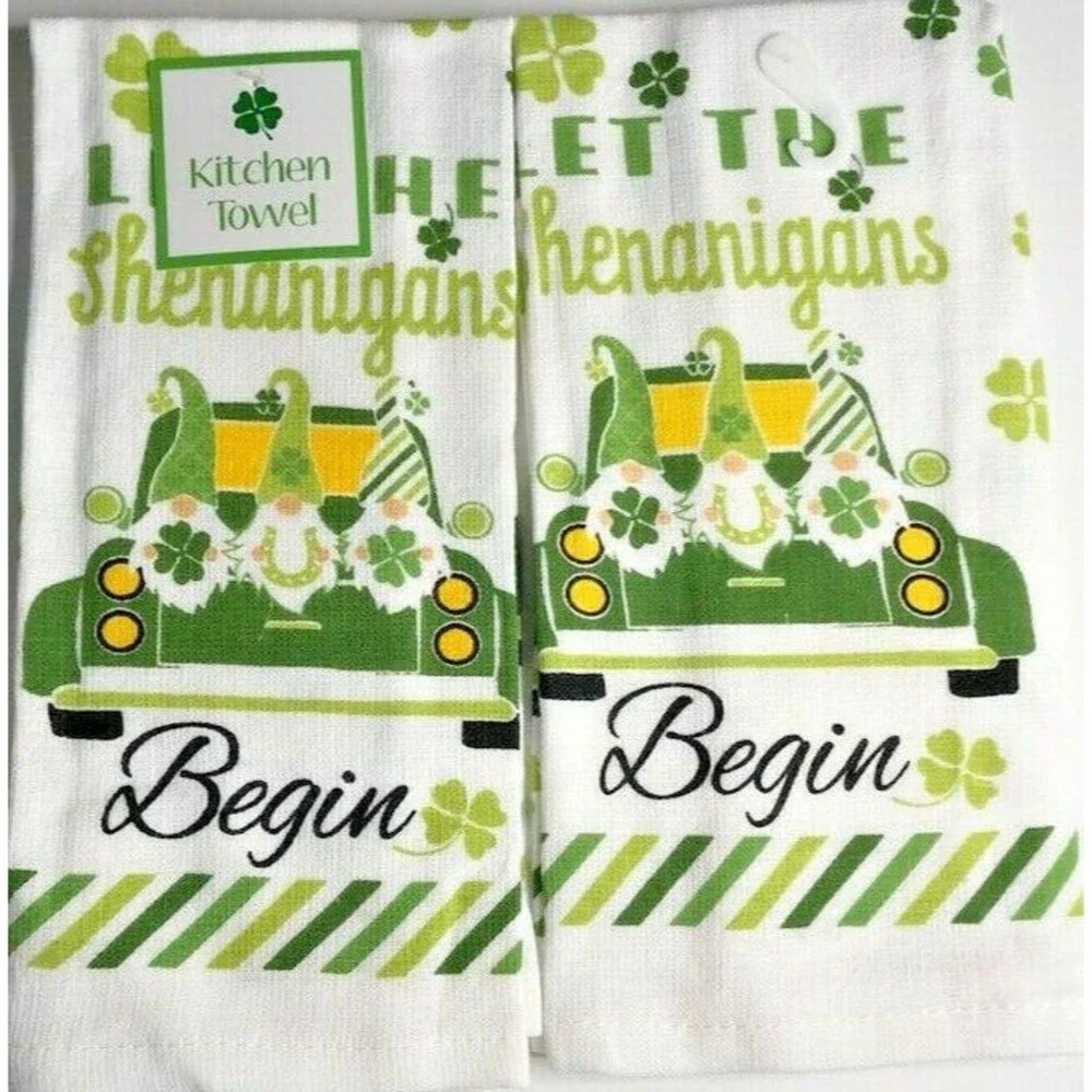 St Patrick's Day Kitchen Dish Towels Set of 2 Let the Shenanigans Begin Gnomes